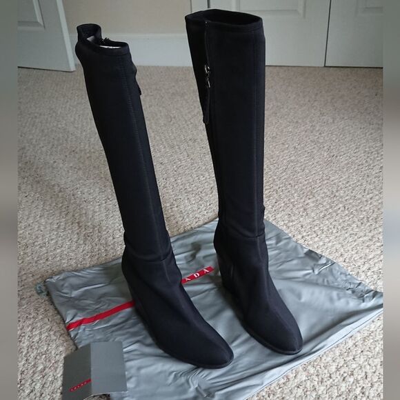 Prada black silk Radzmire fabric sporty knee high wedge boots size 6 - Picture 1 of 16